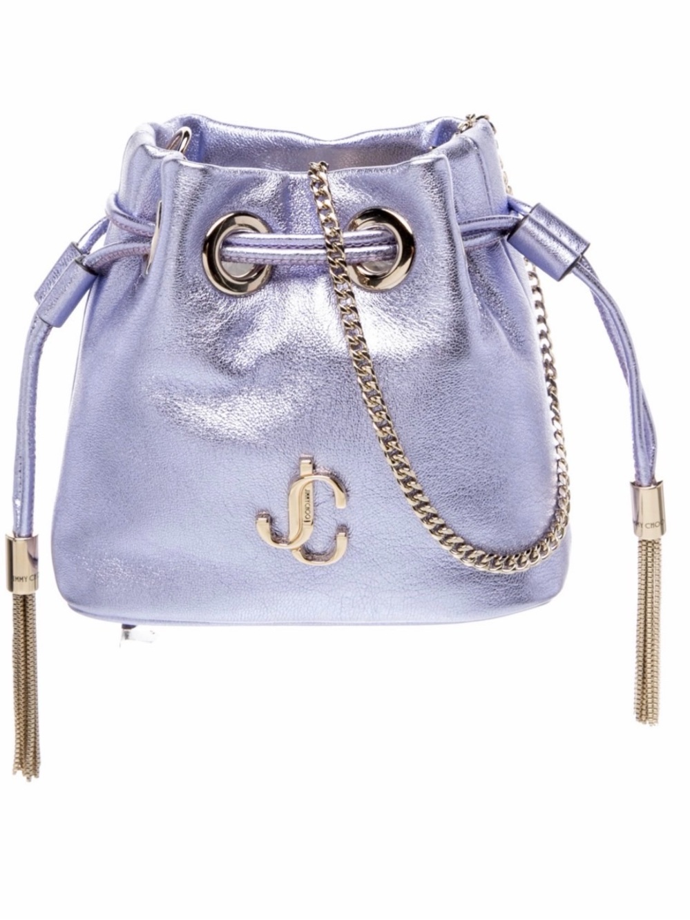 Jimmy Choo Metallic Lilac Leather Drawstring Bucket Bag with Gold Chain